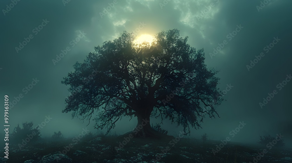 A Silhouetted Tree in a Foggy Twilight Setting.