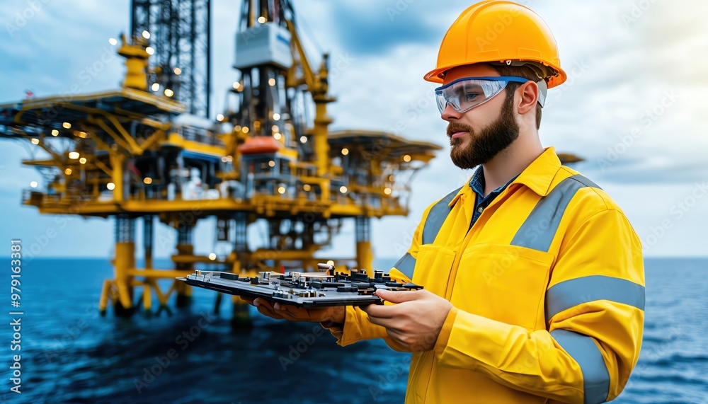 Oil rig engineer inspecting equipment on offshore platform. Safety gear, ocean background. Professional engineering work environment. Oil rig engineer inspecting equipment on offshore platform. Safety gear, ocean background. Professional engineering work environment.