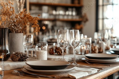 Autumn table setting featuring pumpkins, dried flowers, and neutral toned dinnerware photo