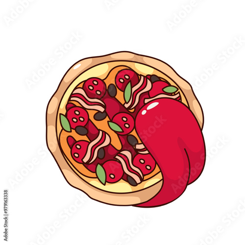Groovy cartoon delicious pizza with big tongue. Funny retro whole pizza with crust and sausages, bacon ingredients and sauce. Fast food mascot, cartoon sticker of 70s 80s style vector illustration
