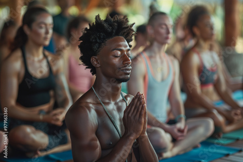 Multicultural group of people attending a yoga retreat