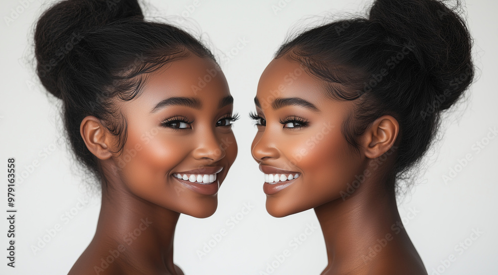 Portrait of a beautiful Black woman with a perfect face and hair, smiling, in a double exposure side view on a white background. She has a perfect skin tone and perfect makeup, wit