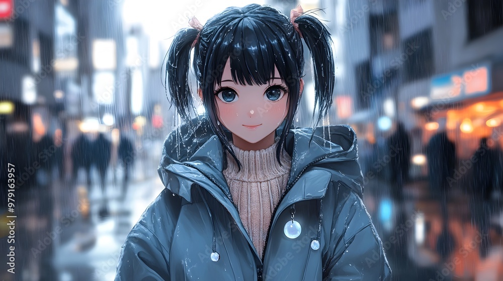 Anime Girl in Raincoat Exploring Muted Pastel Rainy City Street Anime Girl in Raincoat Exploring Muted Pastel Rainy City Street