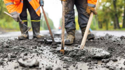 Construction Crew Patching Up Damaged Road Surface photo