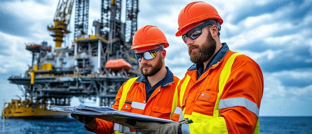 Two offshore engineers in safety gear review documents on an oil rig platform with the ocean in the background under a cloudy sky. Two offshore engineers in safety gear review documents on an oil rig platform with the ocean in the background under a cloudy sky.