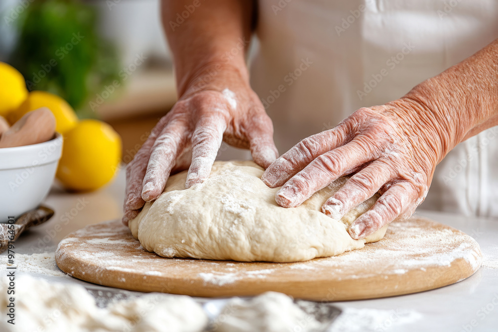 Fototapeta premium Bakers hands kneading dough on a floured surface