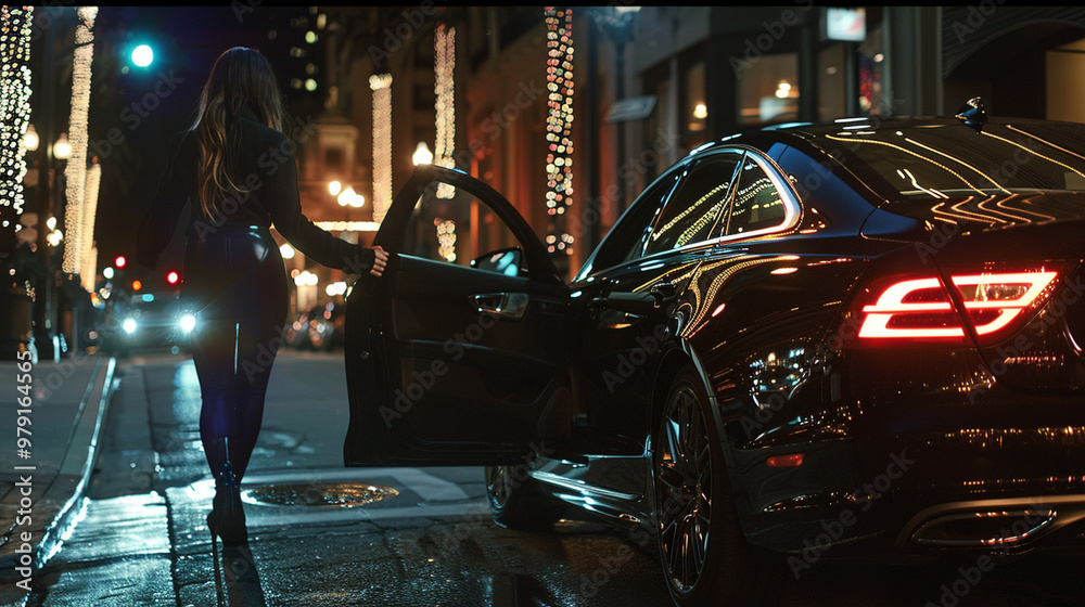 A girl getting out of a luxury sedan at night, illuminated by the soft glow of city lights as she exits the vehicle in a sleek outfit. A girl getting out of a luxury sedan at night, illuminated by the soft glow of city lights as she exits the vehicle in a sleek outfit.