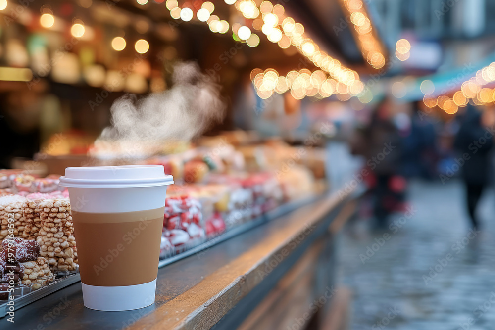Steaming cappuccino on a counter at a Christmas market with glowing festive lights and holiday Steaming cappuccino on a counter at a Christmas market with glowing festive lights and holiday