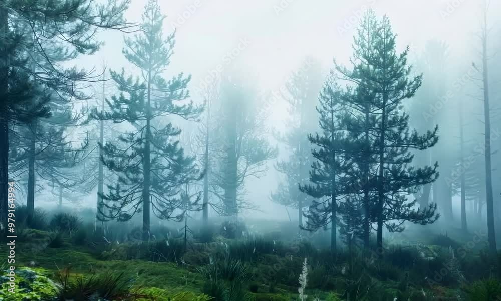 Misty forest with tall pine trees, Video Misty forest with tall pine trees, Video
