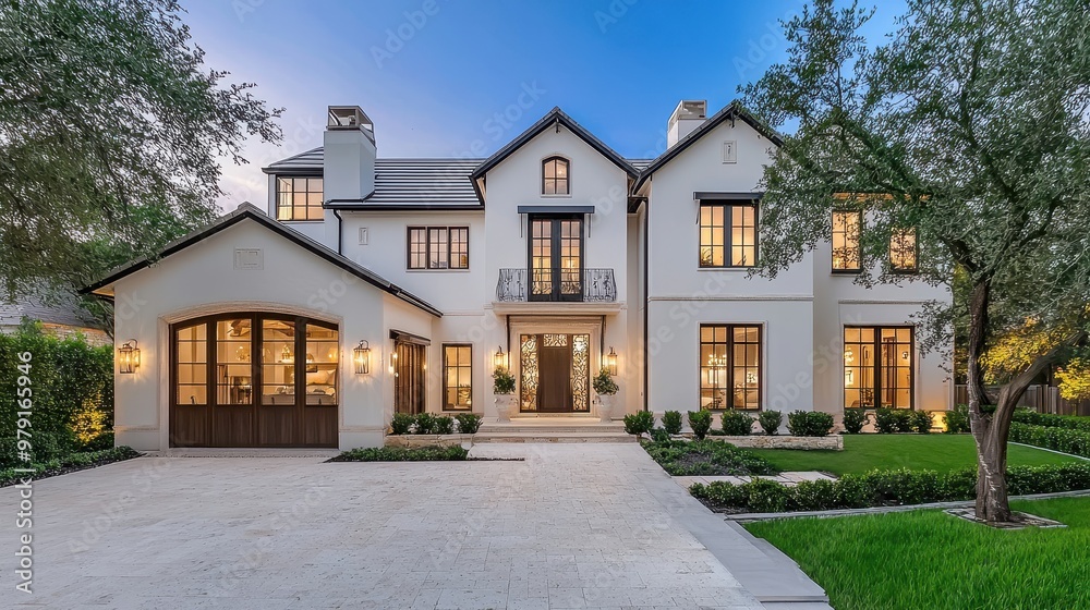 Luxury White Brick Home with Large Windows and Landscaped Yard at Dusk Luxury White Brick Home with Large Windows and Landscaped Yard at Dusk