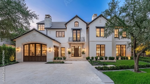 Luxury White Brick Home with Large Windows and Landscaped Yard at Dusk