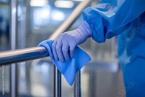 Sophisticated Person Cleaning Hospital Railing with Gloves for Elite Coronavirus Disinfection and Advanced Sanitation photo