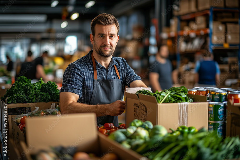 Photo of a man in an apron working at the warehouse. On his hands, he is packaging products into boxes with organic food and vegetables. In front, there are several cardboard boxes Photo of a man in an apron working at the warehouse. On his hands, he is packaging products into boxes with organic food and vegetables. In front, there are several cardboard boxes