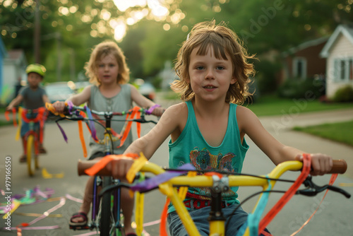 Nostalgic scene of kids riding bikes with streamers on a sunny afternoon