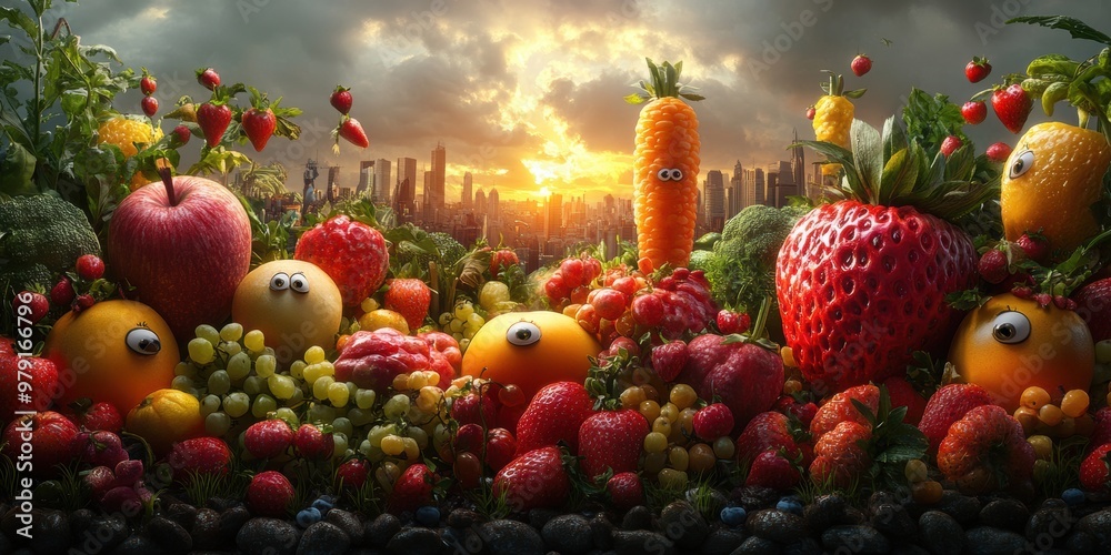 A bustling world where fresh produce is full of character and animated with expressive eyes A bustling world where fresh produce is full of character and animated with expressive eyes