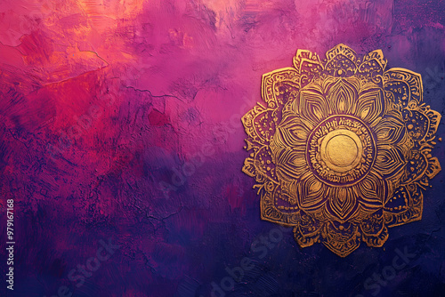 A golden mandala on the left side of an ombre purple and pink background, detailed illustration, high resolution, professional photograph. The ultra-high-resolution detail is stunn photo