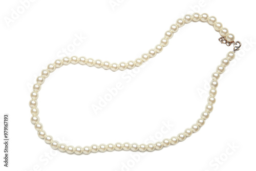 Elegant pearl necklace isolated on white background, top view. Space for text
