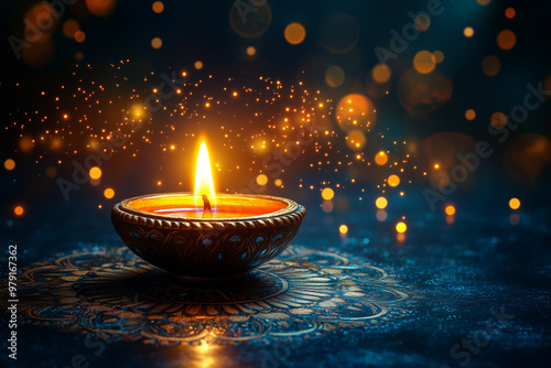 Diwali background with a beautiful candle glowing on a dark blue and yellow color, mandala pattern bokeh lights, and space for text. The traditional Indian festival of light concep photo