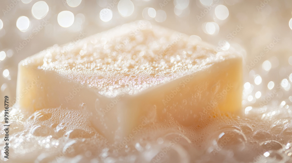 A bar of soap with foamy bubbles, set against a soft, light-colored backdrop. A bar of soap with foamy bubbles, set against a soft, light-colored backdrop.
