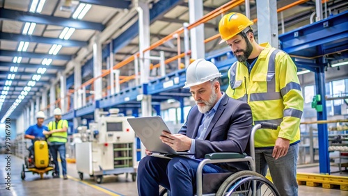 Worker in wheelchair using tablet for managing processes in modern industrial facility. Colleague in background walking between machines, both wearing safety gear