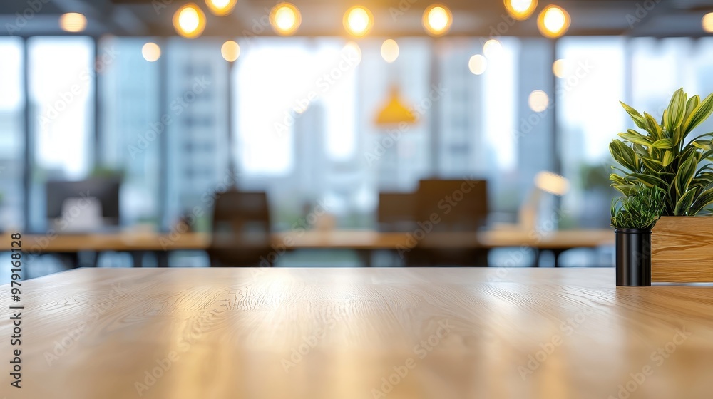 Empty Wooden Table with Green Plant in Modern Office