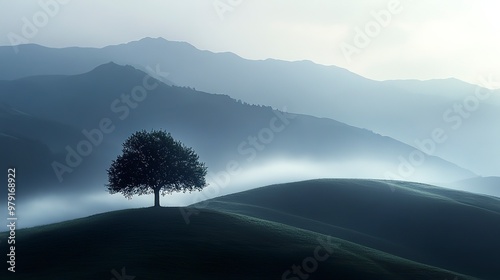 solitary tree on the edge of rolling hills, with mist rising from below and mountains in the background, symbolizing solitude, sky is dark yet ethereal, scene, emotional, light and shadow  photo