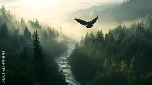 A bird's eye view of the misty forest, with an eagle soaring above it. The river flows through the valley surrounded by dense green trees