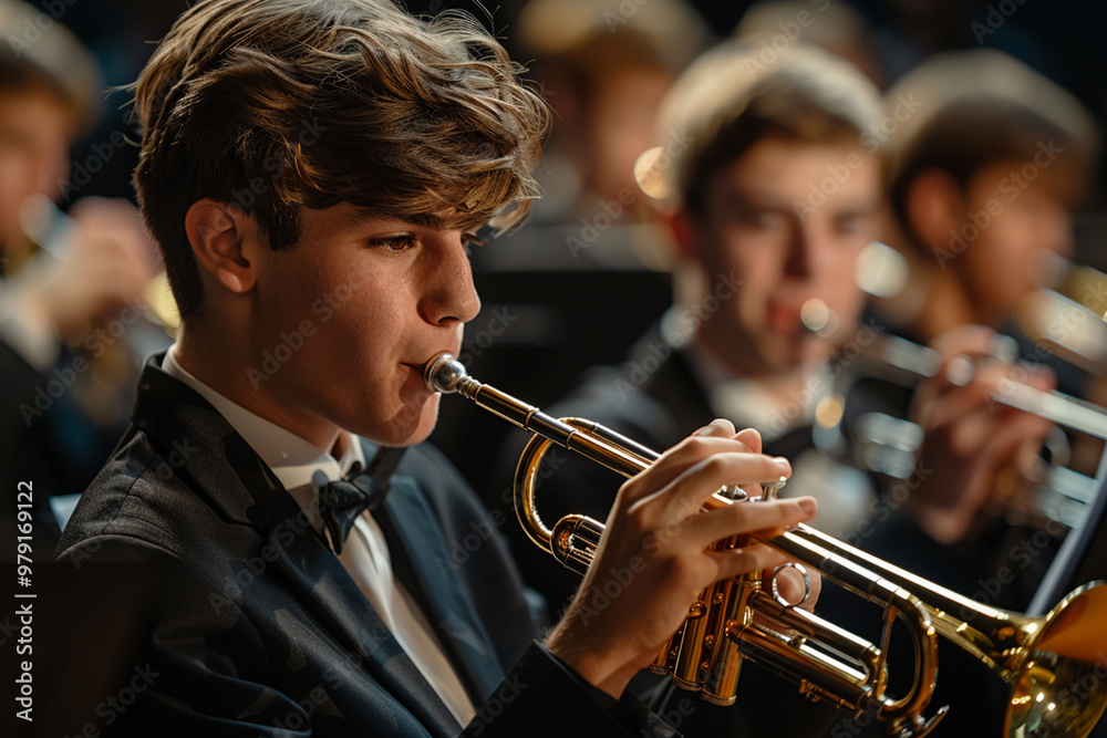 Fototapeta premium High School Student Mastering the Trumpet in Orchestra – A Showcase of Musical Passion