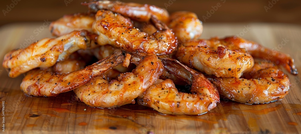 Delicious barbecued crispy tiger prawns with shell served. Closeup on a wooden serving board. Delicious barbecued crispy tiger prawns with shell served. Closeup on a wooden serving board.