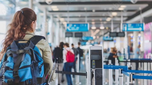Border control officer scanning passport with electronic reader at airport security checkpoint. Traveler waiting nervously. Modern terminal interior showcases high-tech security procedures and interna
