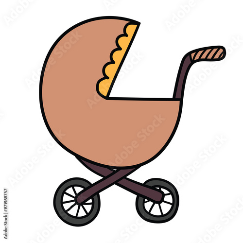 Hand drawn cartoon baby carriage on white background.
