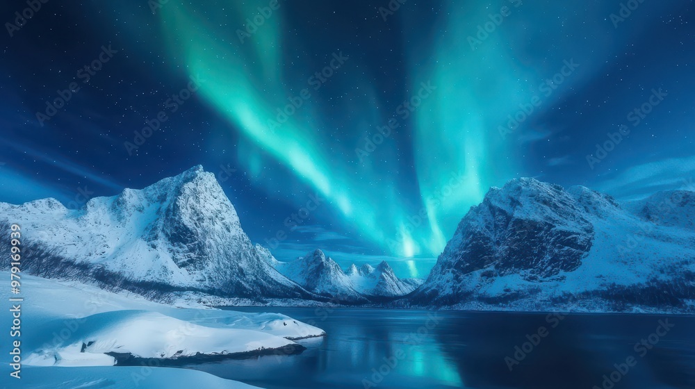 Fototapeta premium Northern Lights Aurora Borealis Display Over Snowy Mountain Landscape