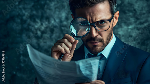 Man Holding Magnifying Glass , Fraud Investigation Concept 