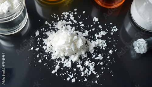 White flake chemical on laboratory table. Cetyl esters wax, Chemical used in OTC products and topical pharmaceuticals. Top View isolated with white highlights, png photo