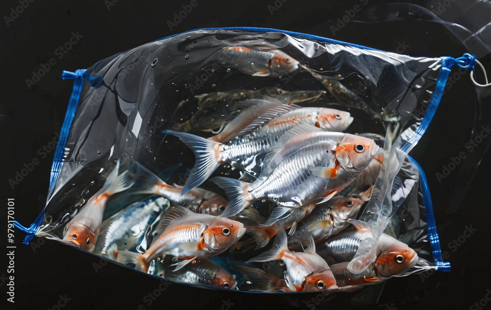 Illustrative representation of fish in water wrapped in plastic foil ...