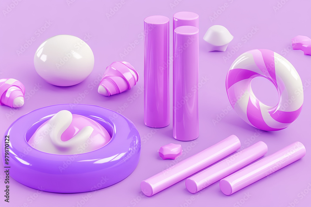 Colorful abstract shapes and sweet designs on a pastel purple background with playful arrangements at a contemporary art display Colorful abstract shapes and sweet designs on a pastel purple background with playful arrangements at a contemporary art display