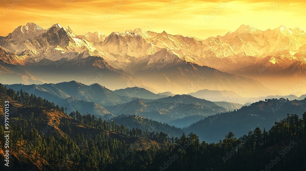 Panoramic View of the Snowcapped Himalayas at Golden Hour Featuring Rugged Terrain, Dark Forests, and Distant Villages Panoramic View of the Snowcapped Himalayas at Golden Hour Featuring Rugged Terrain, Dark Forests, and Distant Villages