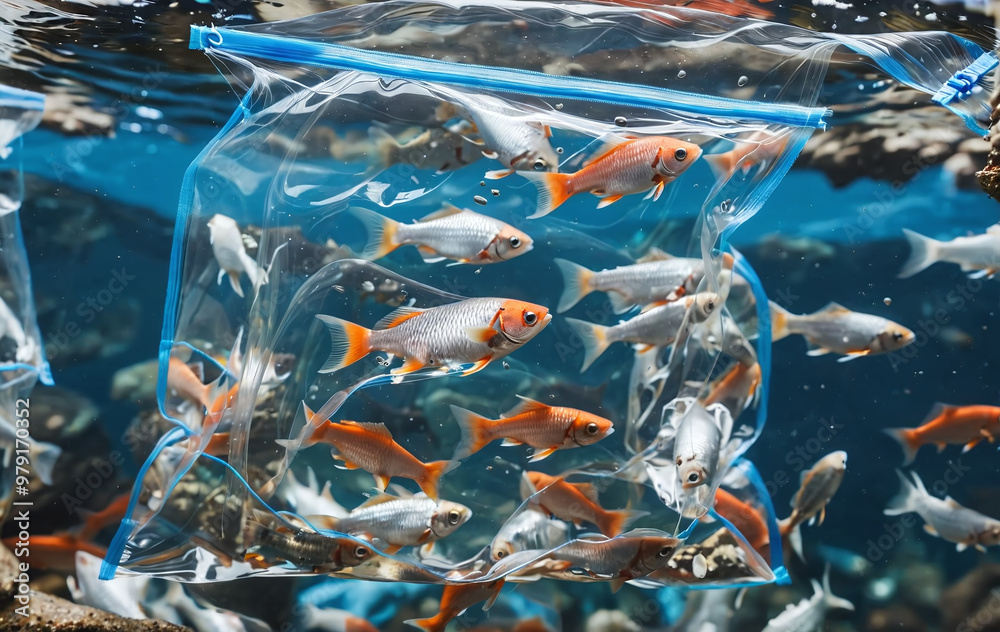 Illustrative representation of fish in water wrapped in plastic foil ...