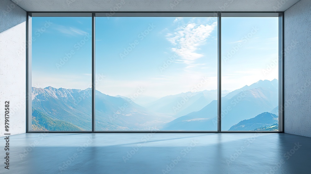 empty room with panoramic view of the mountains and blue sky empty room with panoramic view of the mountains and blue sky