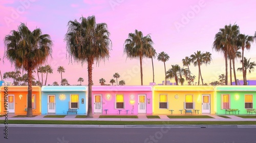 Colorful Motel Row at Sunset with Palm Trees