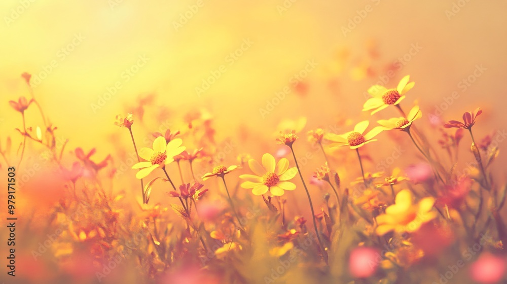 Soft yellow wildflowers with a warm orange background. Soft yellow wildflowers with a warm orange background.