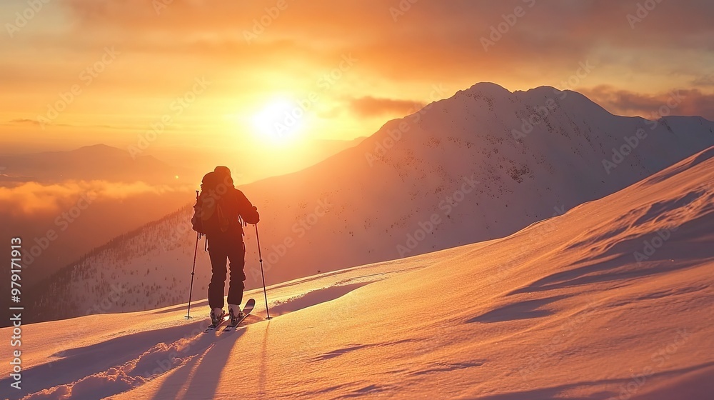 A skier on the snow covered ground in the mountains during sunrise A skier on the snow covered ground in the mountains during sunrise