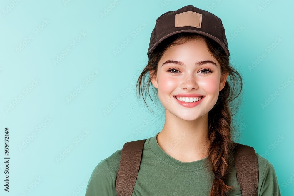 Cheerful young girl with a ponytail wearing a cap and backpack poses against a light blue background, showcasing a bright smile Cheerful young girl with a ponytail wearing a cap and backpack poses against a light blue background, showcasing a bright smile