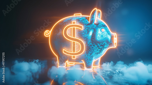 Piggy bank on a dark blue background with a yellow glowing letter s among the clouds, dollar symbol photo