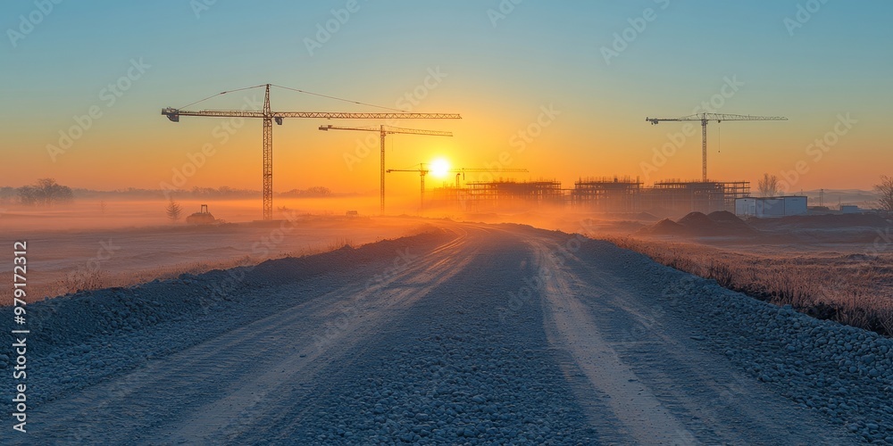 atmospheric warm beautiful. The dawn is bright, the sky is clear blue, in the distance there are construction sites, cranes and beams, the building is being built. atmospheric warm beautiful. The dawn is bright, the sky is clear blue, in the distance there are construction sites, cranes and beams, the building is being built.