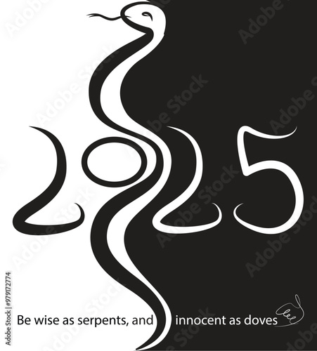 Vector illustration, serpent card for the New Year 2025. Black and white snake - a symbol of the Chinese New Year, thematic quote, schematic dove, inscription 2025 on a black and white background.