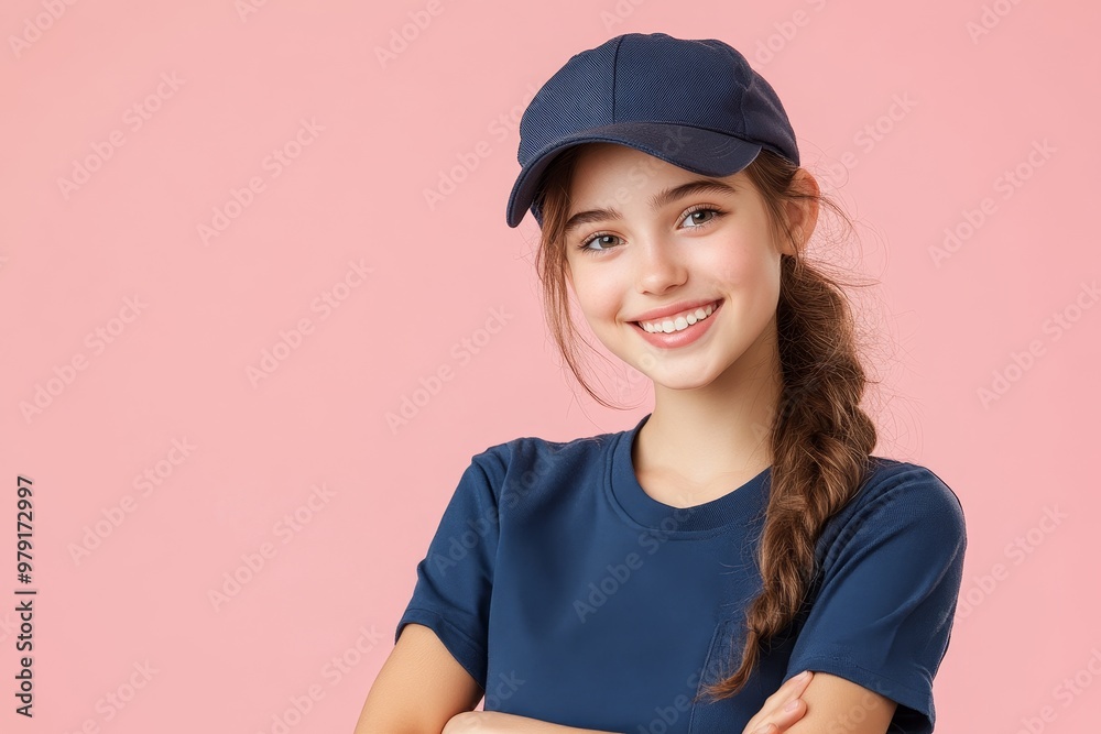 Smiling girl with a braided hairstyle wearing a cap against a pink background, showcasing a cheerful expression and casual style Smiling girl with a braided hairstyle wearing a cap against a pink background, showcasing a cheerful expression and casual style