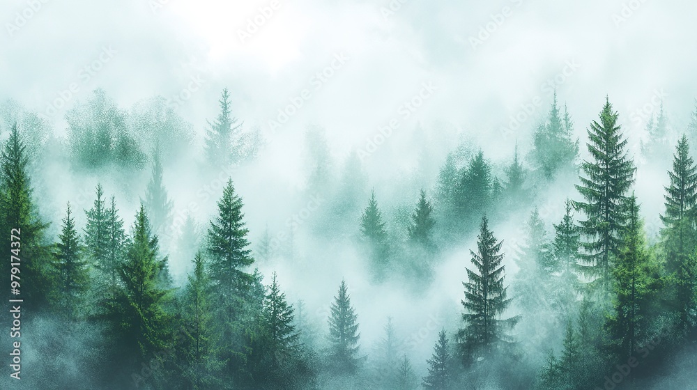 Foggy pine forest with green trees and white mist. Foggy pine forest with green trees and white mist.