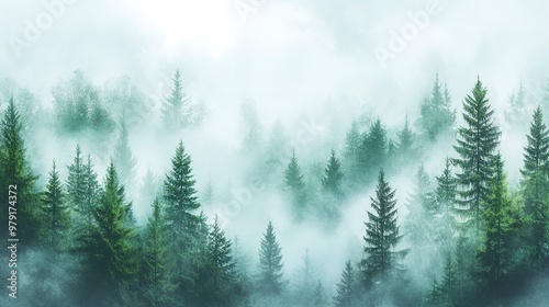 Foggy pine forest with green trees and white mist.