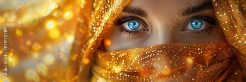 Captivating close-up of a woman with striking blue eyes, adorned in a shimmering gold scarf, radiating elegance and mystery. photo